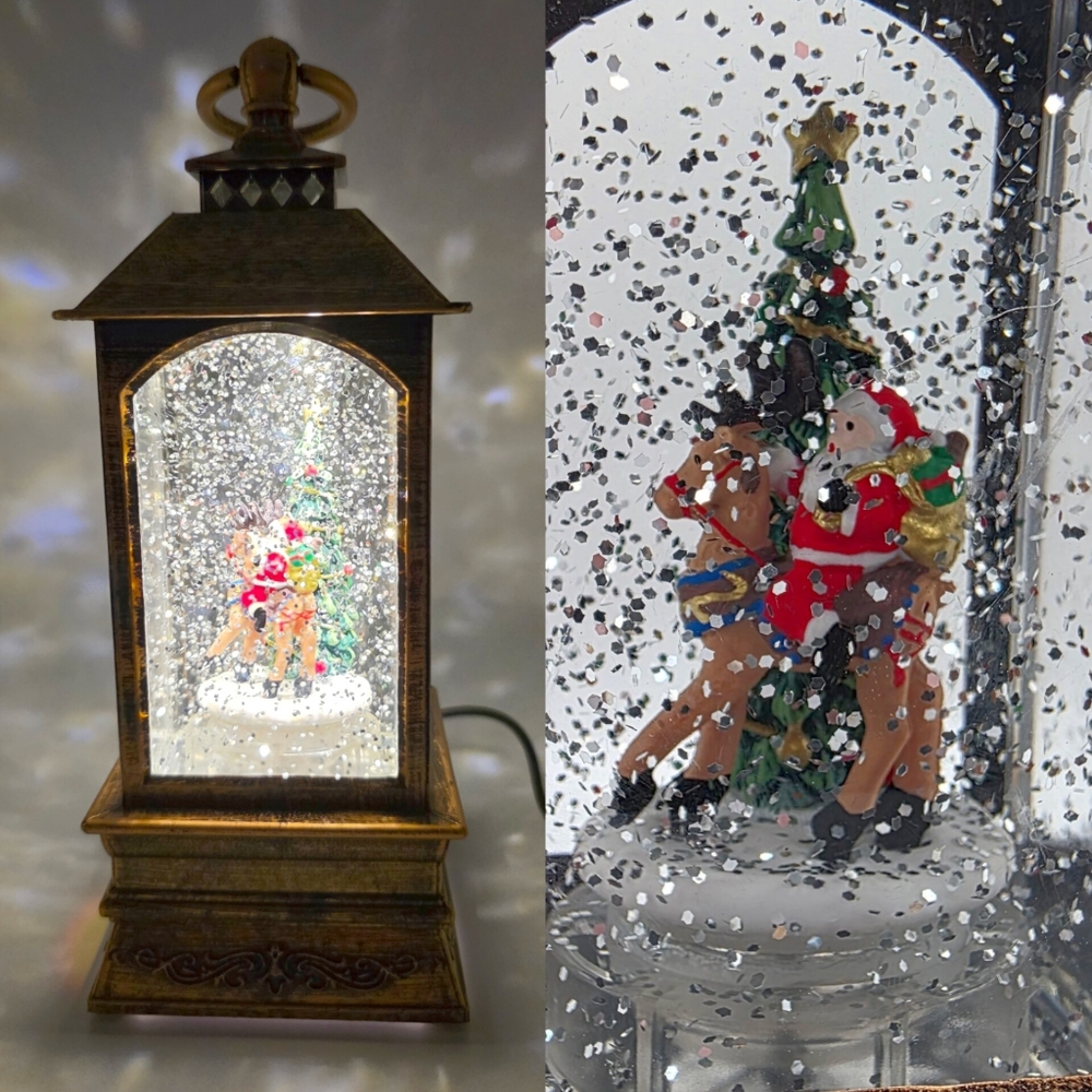 Santa & Reindeer Musical Spinning Lantern Glitter Snowglobe Christmas Decoration